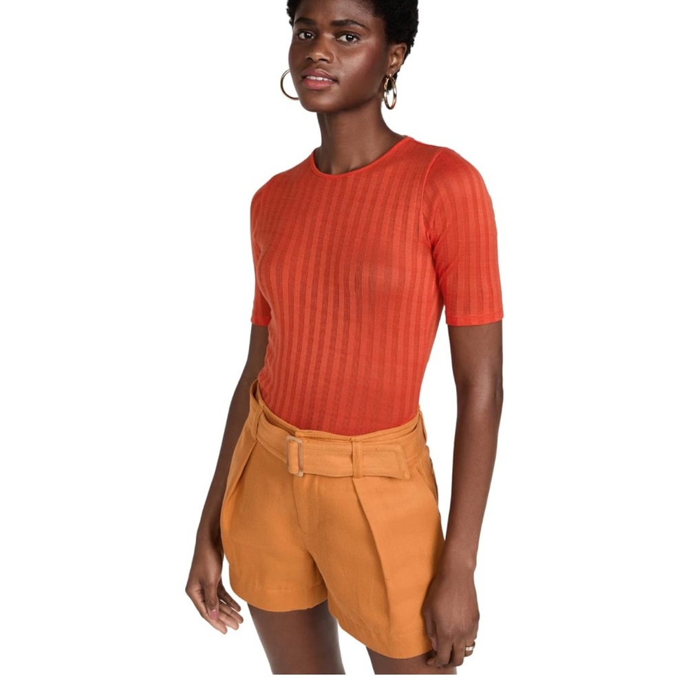 Vince Ribbed Elbow Sleeve Crew Neck Tee Shirt in Orange